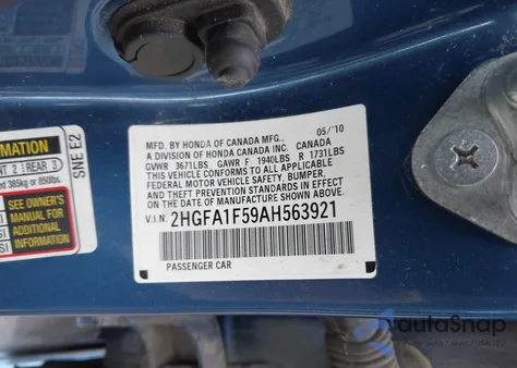 2010 Honda Civic Lx z USA, uszkodzony, nr VIN 2HGFA1F59AH563921